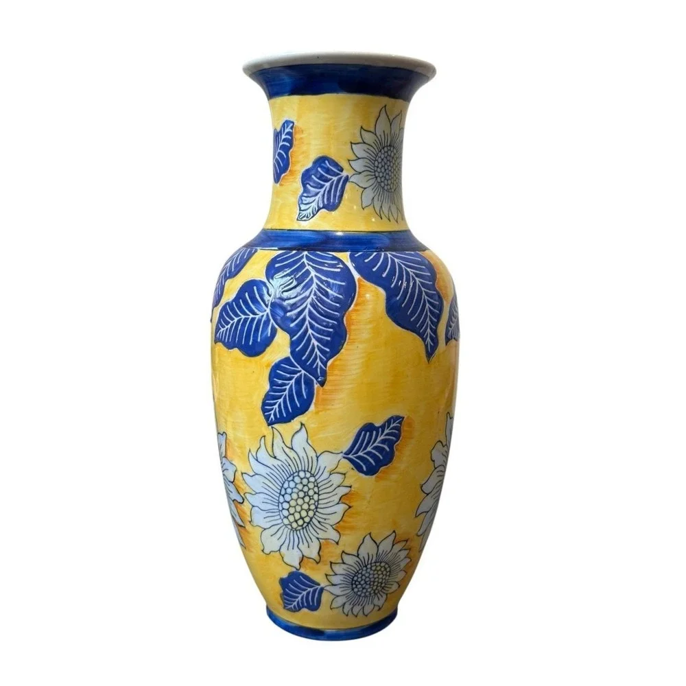 Vintage Chinoiserie Vase‎ Yellow Blue Floral Asian Ceramic Grandmillennial Decor